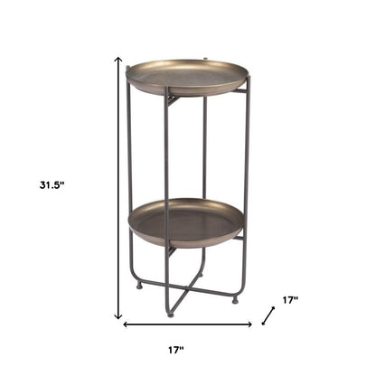 32" Bronze And Gray Steel Round Pedestal End Table