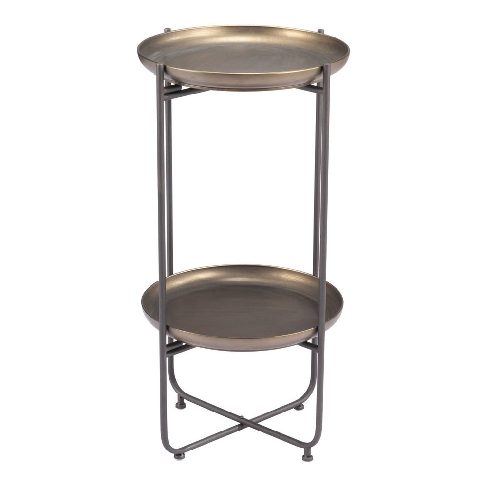 32" Bronze And Gray Steel Round Pedestal End Table