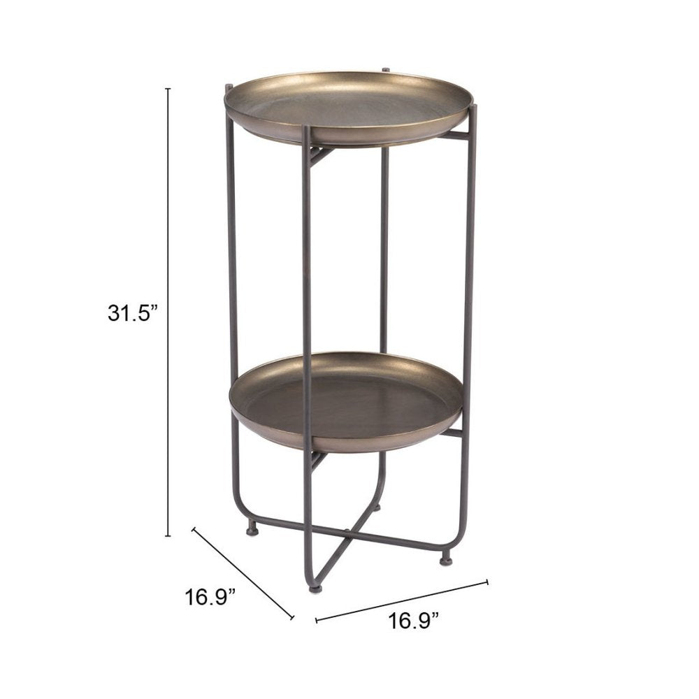 32" Bronze And Gray Steel Round Pedestal End Table