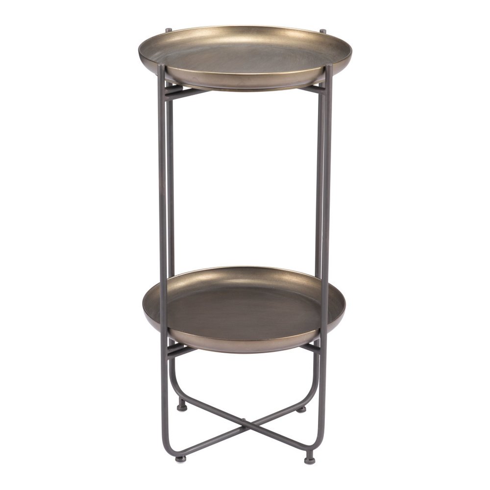 32" Bronze And Gray Steel Round Pedestal End Table