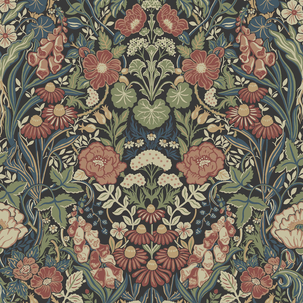 Intricate floral wallpaper with deep navy background; symmetrical pink, green, cream blossoms in Morris-style tapestry.