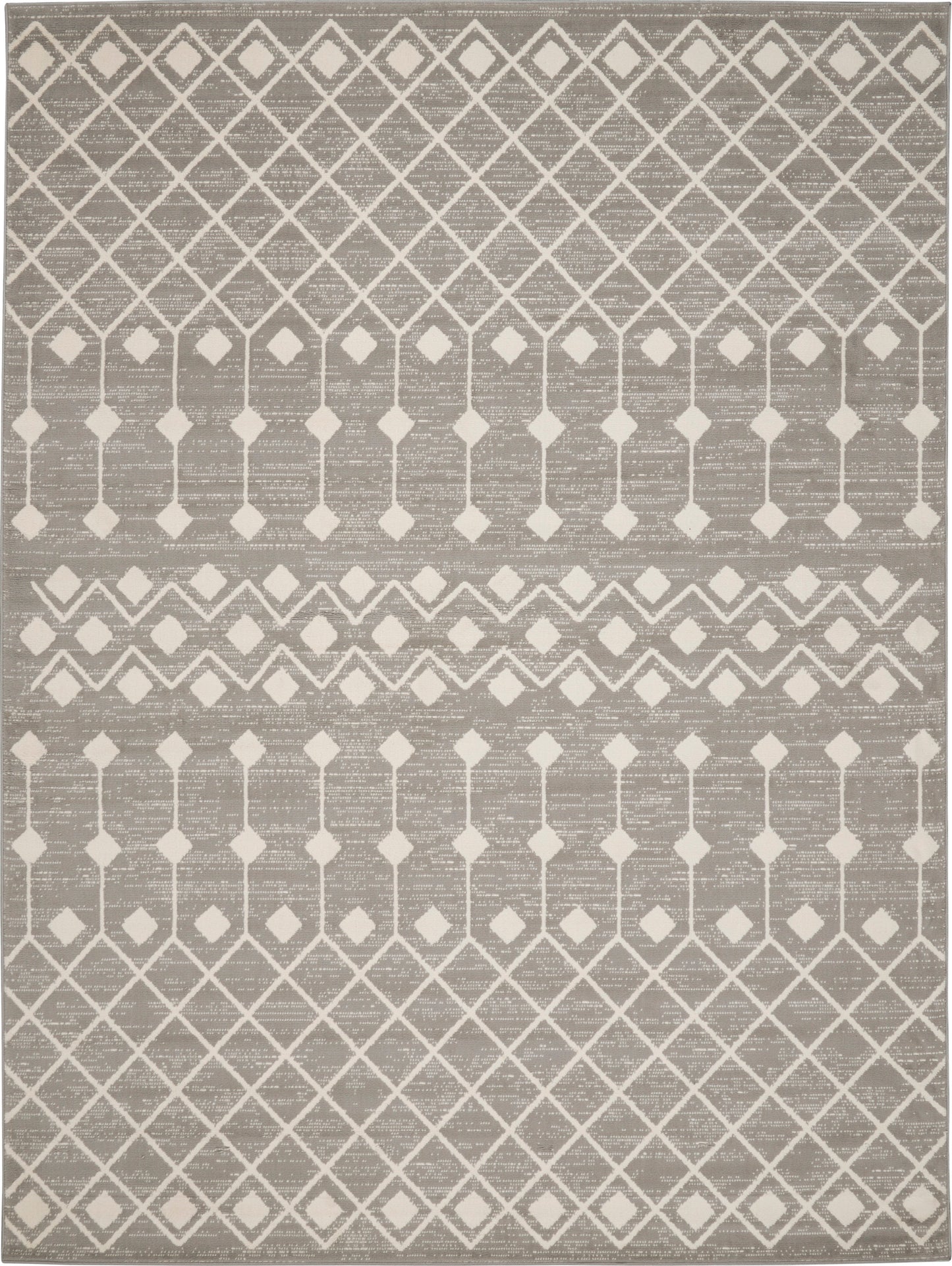 Gray flat-weave area rug featuring ivory diamond lattice and tiered geometric bands.
