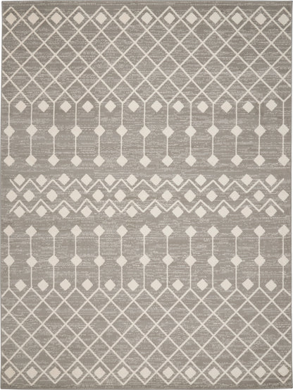 Gray flat-weave area rug featuring ivory diamond lattice and tiered geometric bands.