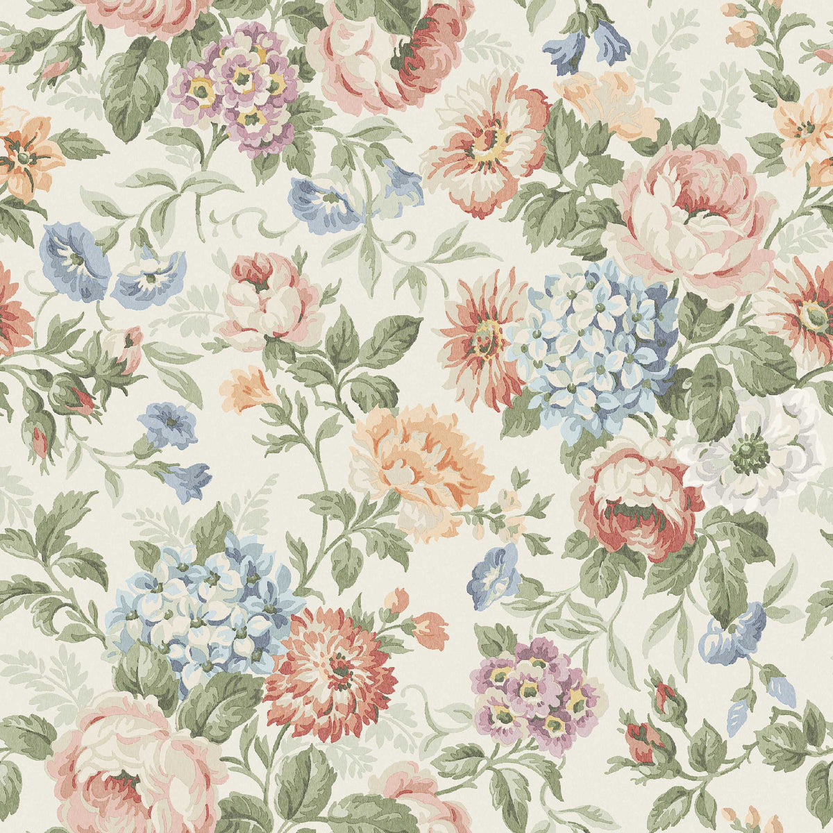 Pastel floral pattern with pink, peach, blue and purple blossoms and green leaves on cream background.