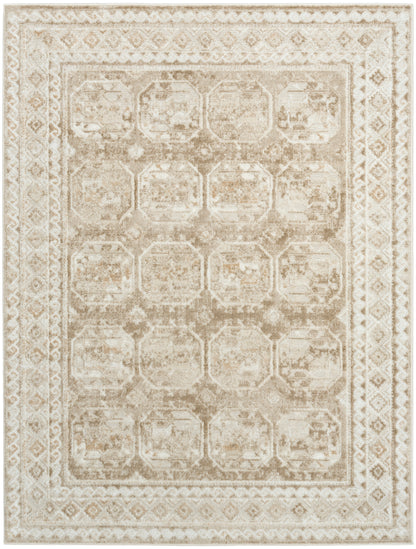 Cream and taupe distressed Persian-style area rug with octagonal motifs and ornate border.