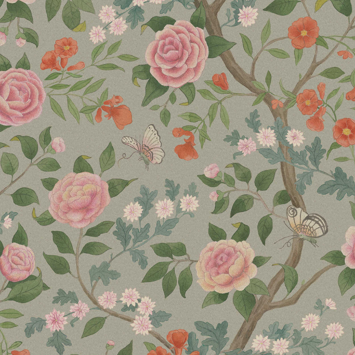 Floral wallpaper with pink roses, orange blossoms, green leaves, branches and butterflies on a gray backdrop.
