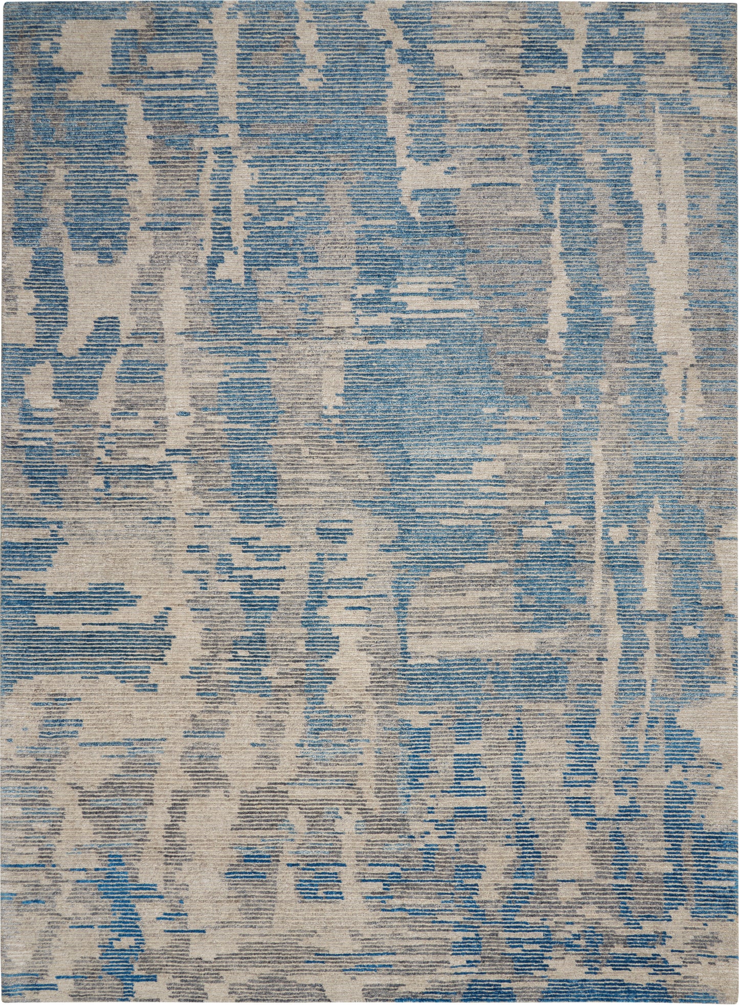 Rectangular area rug with a blue and beige abstract distressed pattern; modern contemporary style.