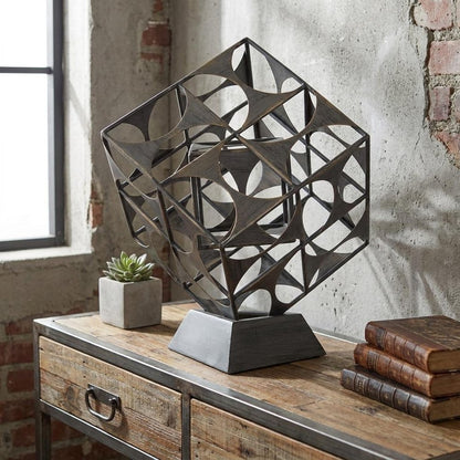 20" Gray Metal Geo Cube Tabletop Sculpture
