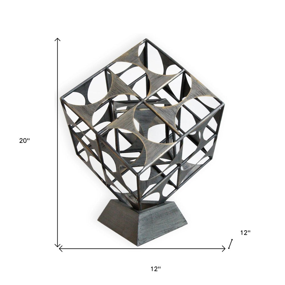 20" Gray Metal Geo Cube Tabletop Sculpture