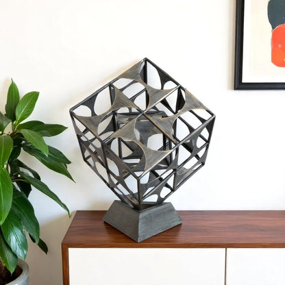 20" Gray Metal Geo Cube Tabletop Sculpture