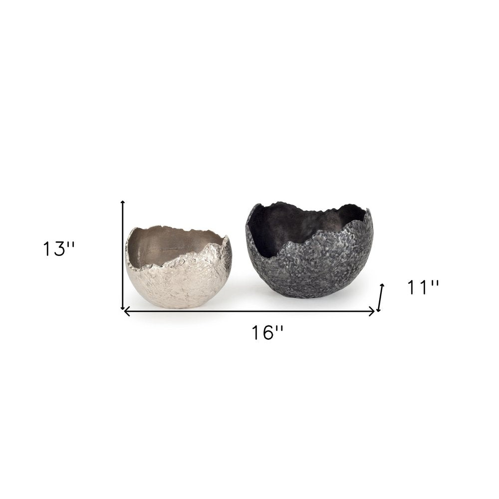 Set of Two Gray And Silver Aluminum Decorative Bowls