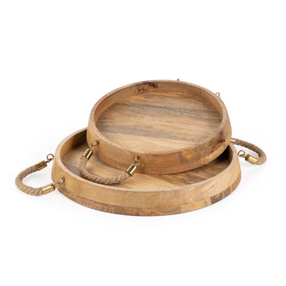 Set of Two Brown Round Solid Wood Serving Trays With Handles