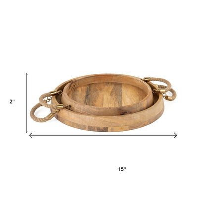Set of Two Brown Round Solid Wood Serving Trays With Handles