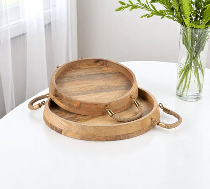 Set of Two Brown Round Solid Wood Serving Trays With Handles