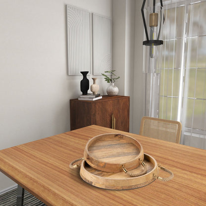 Set of Two Brown Round Solid Wood Serving Trays With Handles