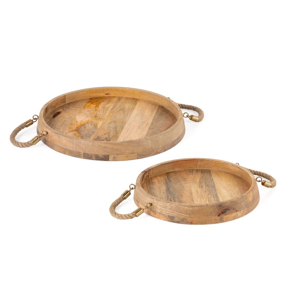 Set of Two Brown Round Solid Wood Serving Trays With Handles