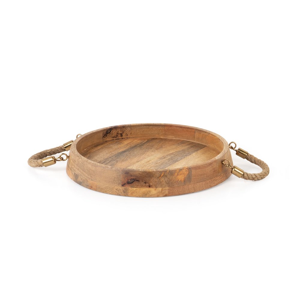 Set of Two Brown Round Solid Wood Serving Trays With Handles