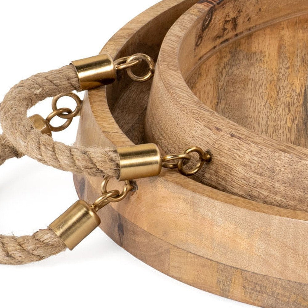 Set of Two Brown Round Solid Wood Serving Trays With Handles