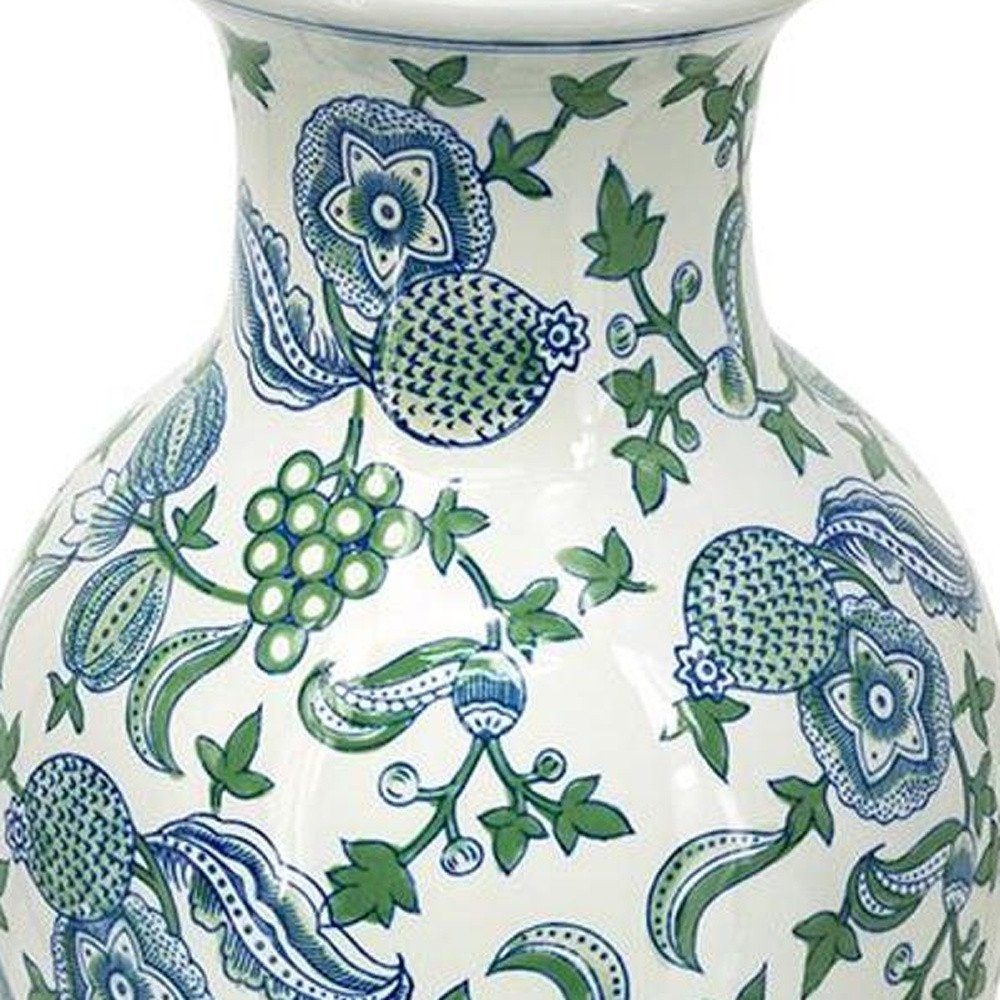 19" White Blue And Green Floral Urn Porcelain Table Vase