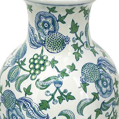 19" White Blue And Green Floral Urn Porcelain Table Vase