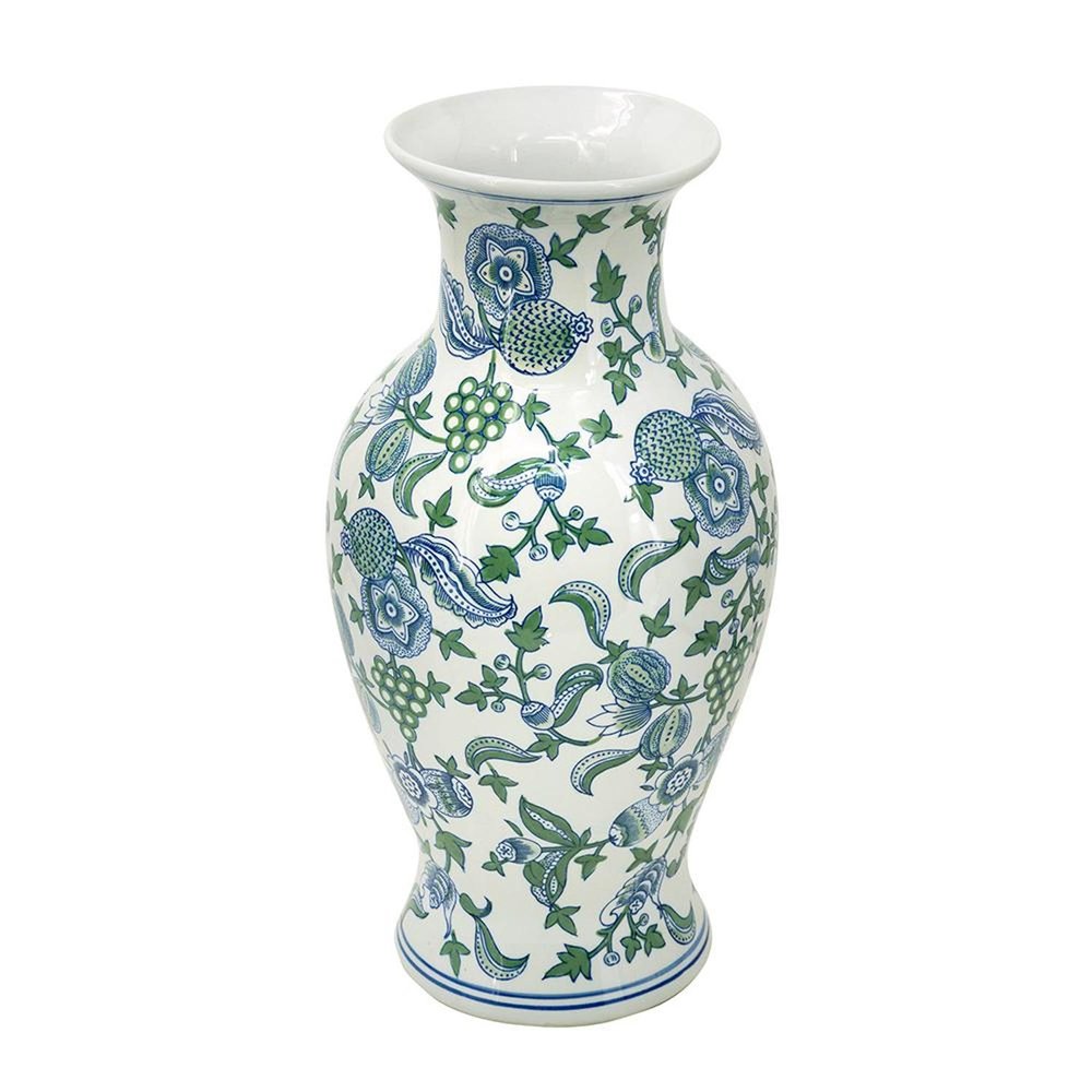 19" White Blue And Green Floral Urn Porcelain Table Vase