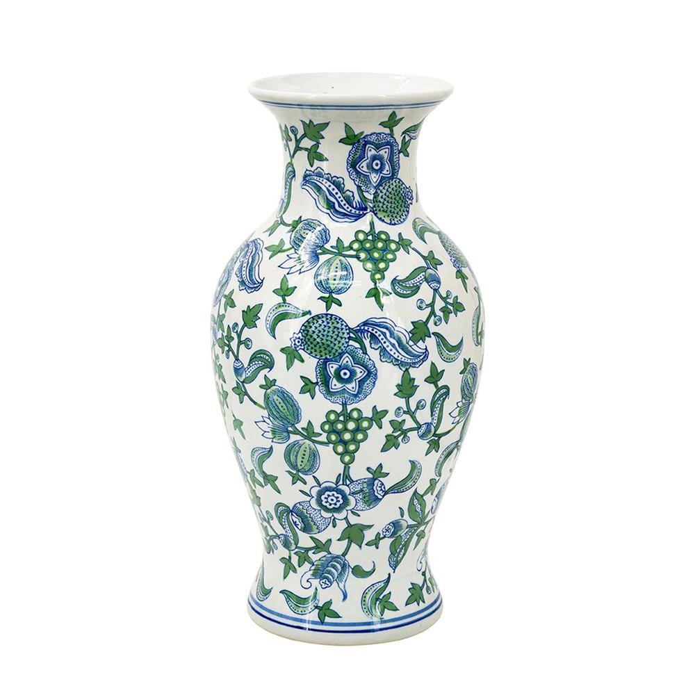 19" White Blue And Green Floral Urn Porcelain Table Vase