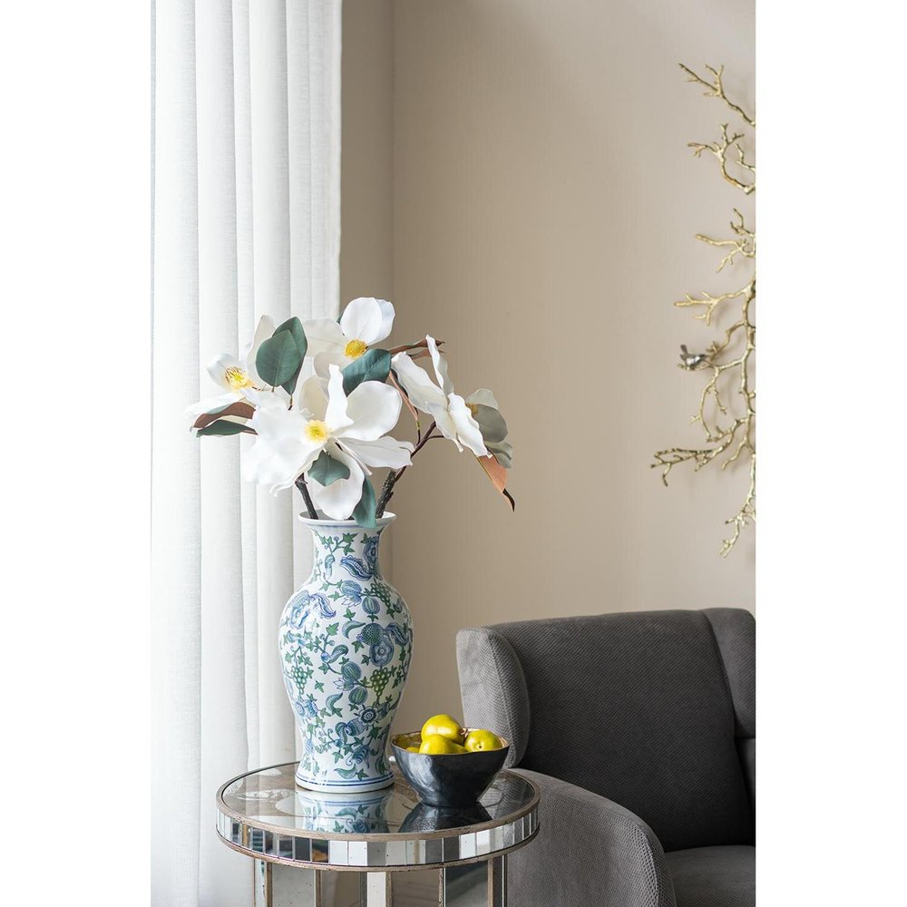 19" White Blue And Green Floral Urn Porcelain Table Vase