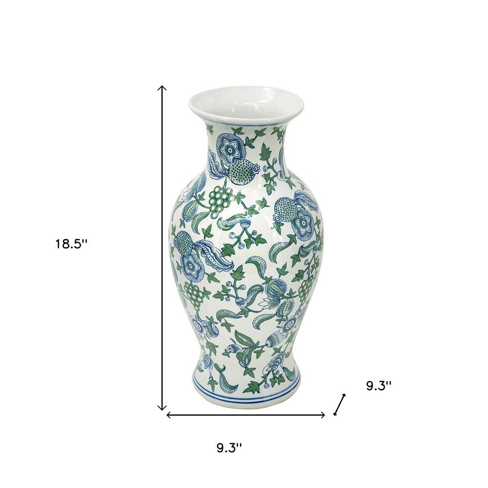 19" White Blue And Green Floral Urn Porcelain Table Vase