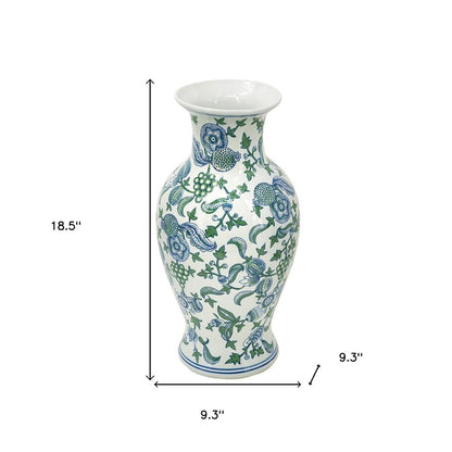 19" White Blue And Green Floral Urn Porcelain Table Vase