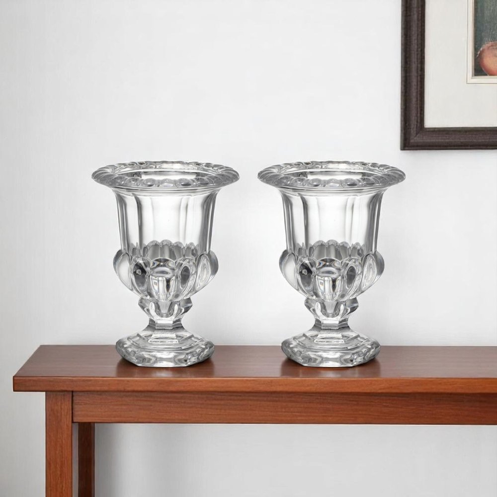 Set of Two Clear Glass Urn Table Vases