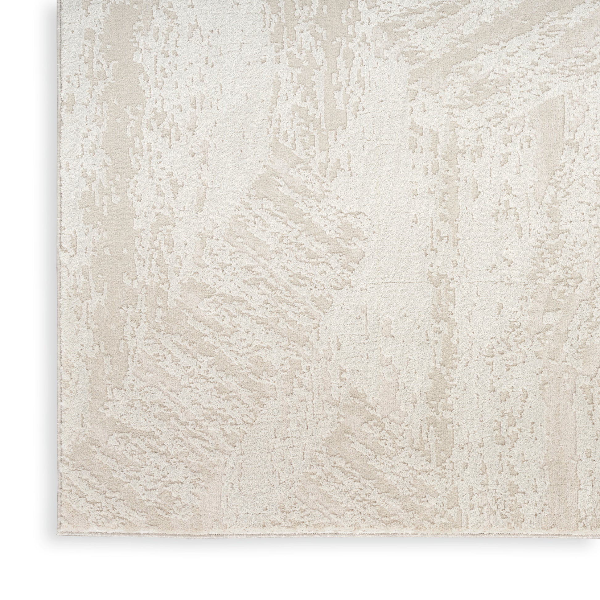 Cream textured area rug with subtle beige abstract pattern, plush pile, rectangular shape for modern neutral spaces.