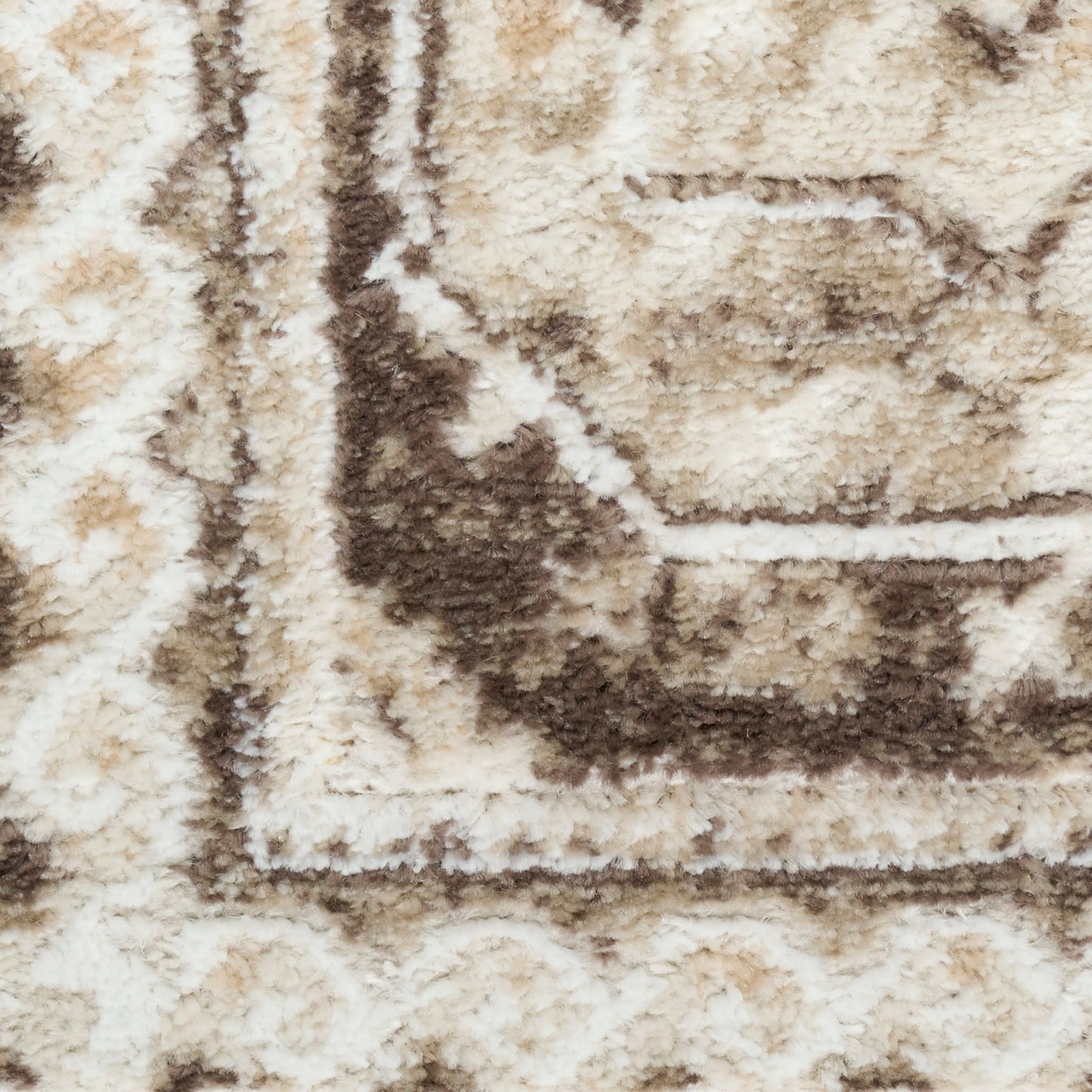 Close-up of plush beige and brown shag rug with a geometric border pattern; soft, high-pile texture.