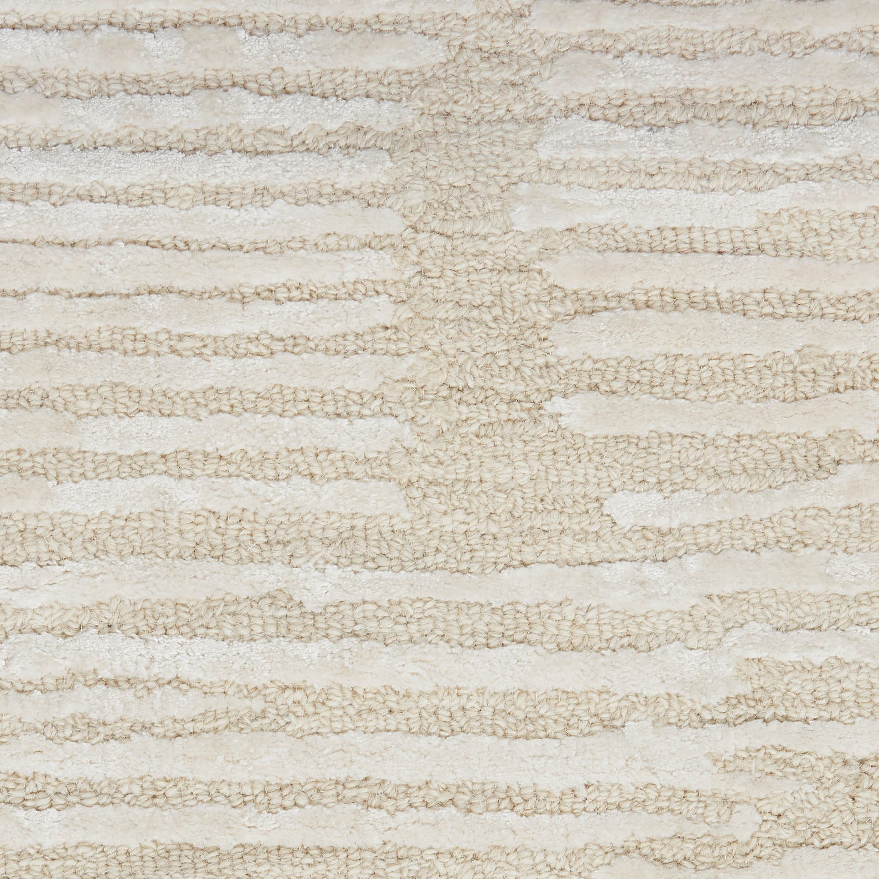 Beige striped rug with looped plush pile, cream and tan bands, soft textured surface for living room decor