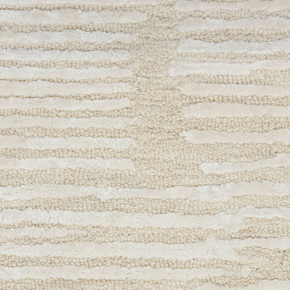 Beige striped rug with looped plush pile, cream and tan bands, soft textured surface for living room decor