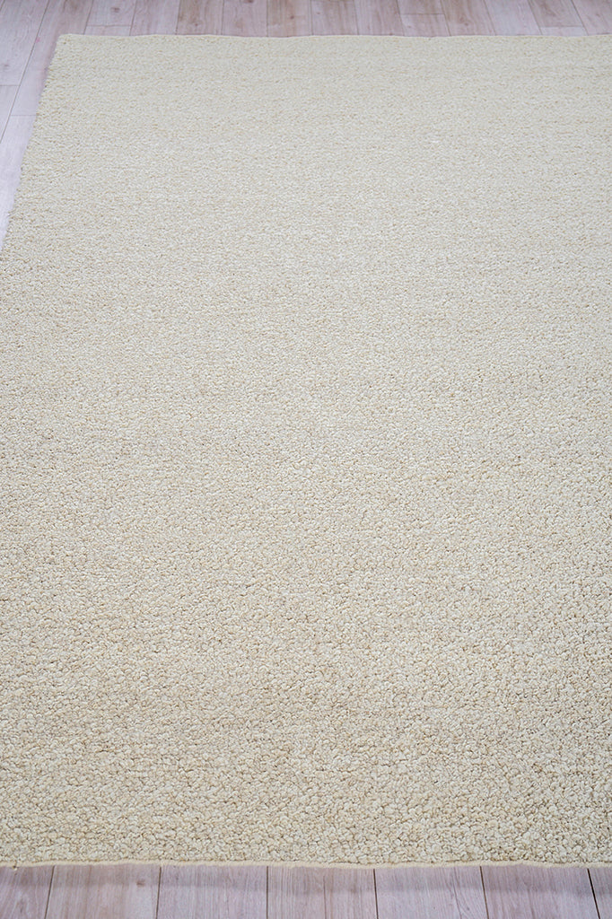 Beige shag area rug with dense plush pile on a light wood floor; rectangular, living room decor.