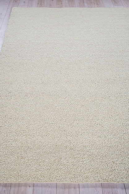 Beige shag area rug with dense plush pile on a light wood floor; rectangular, living room decor.