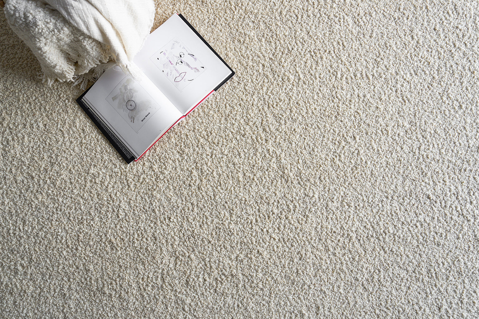 Beige shaggy rug with an open illustrated book and a white fluffy throw blanket for a cozy reading setup.