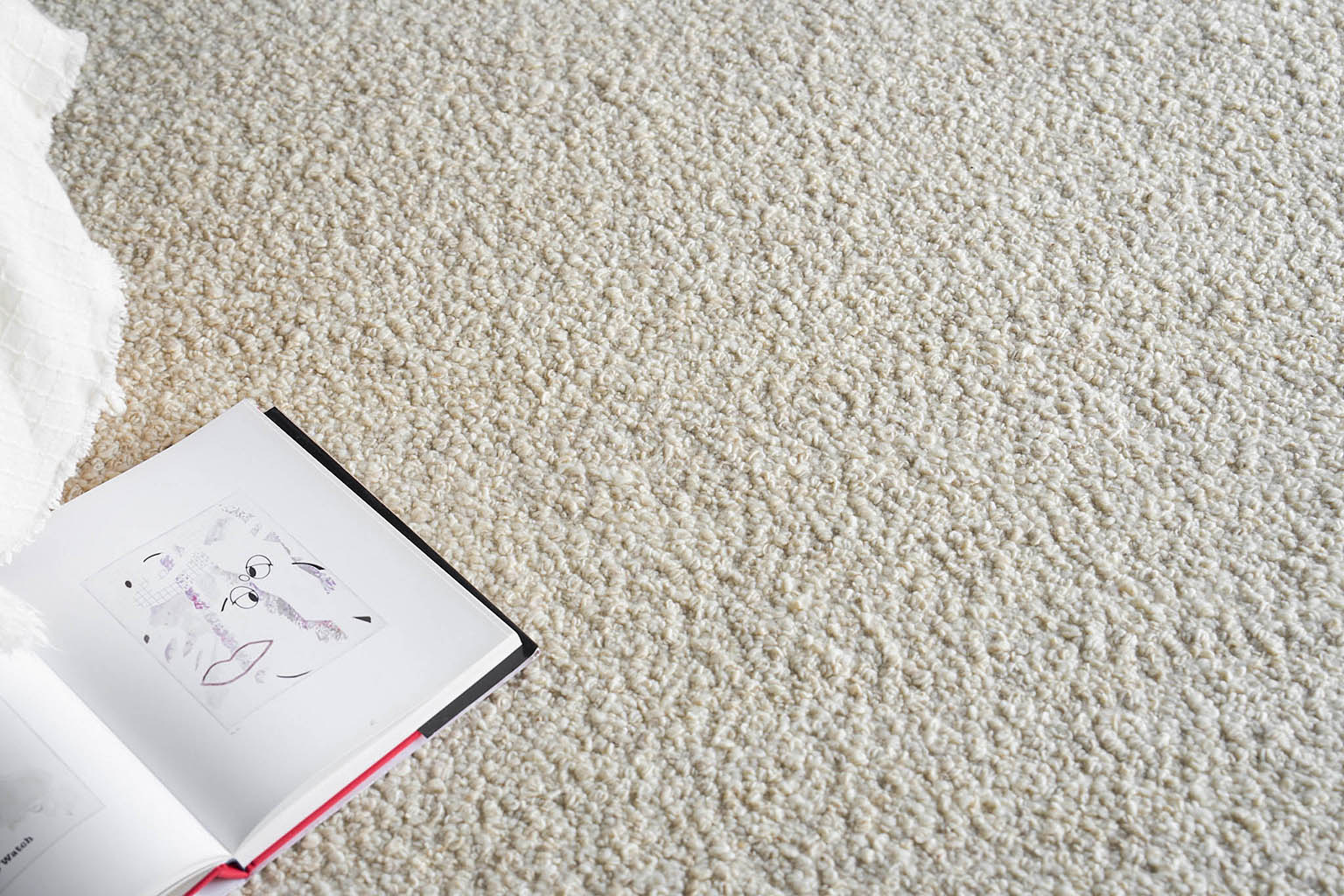 Beige shag rug with an open art book showing a line-drawn face; white pages, black spine, red edge.