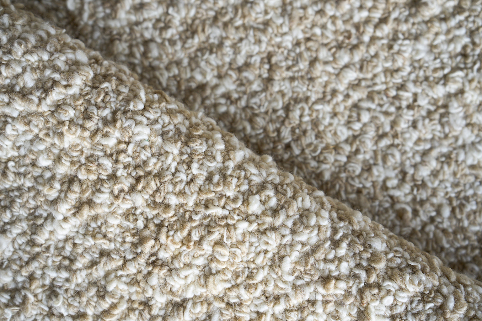 Beige boucle sherpa rug with plush curly pile; hand-loomed indoor rug, 2' x 3'.