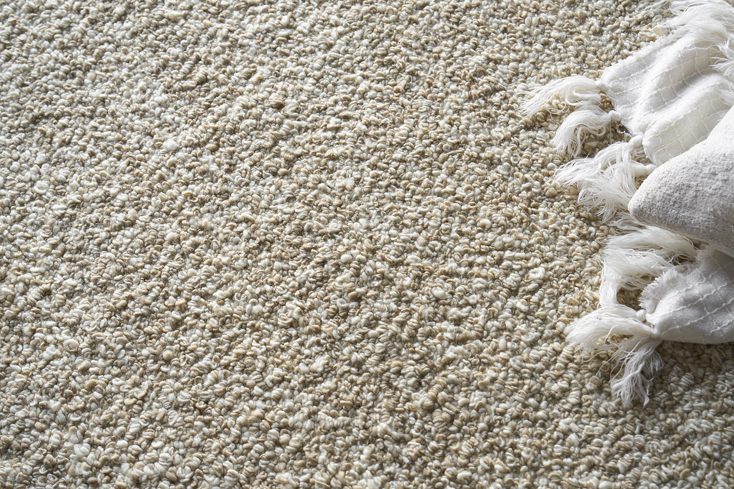 Beige cream textured looped shag rug with plush pile.