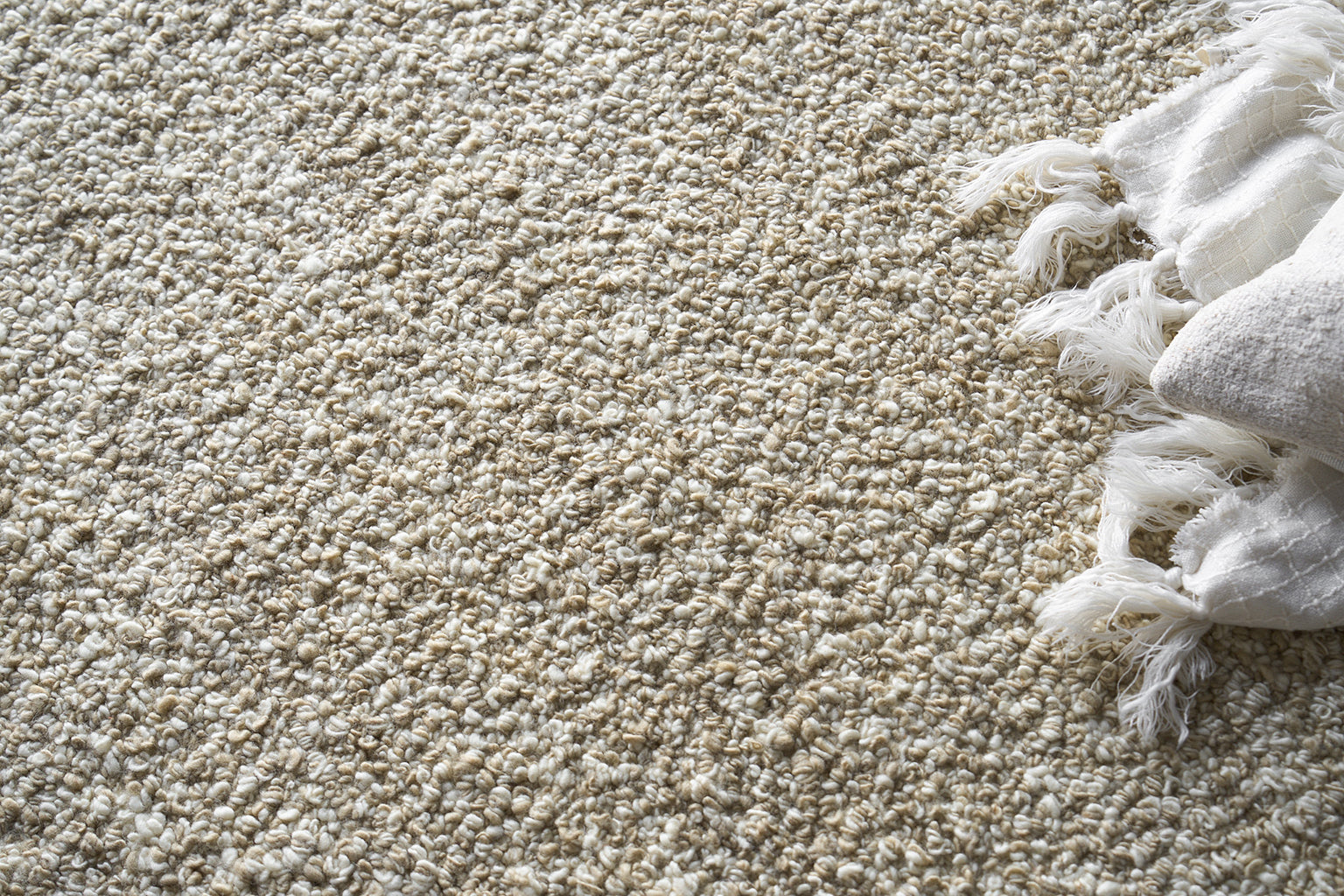 Beige cream textured looped shag rug with plush pile.