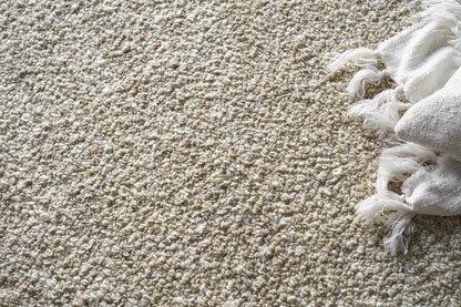 Beige cream textured looped shag rug with plush pile.