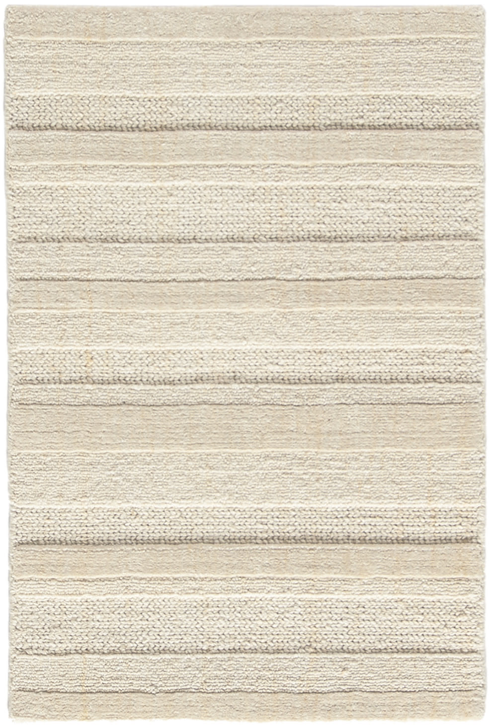 Beige rectangular rug with horizontal textured stripes in alternating weaves; soft, neutral, modern decor.