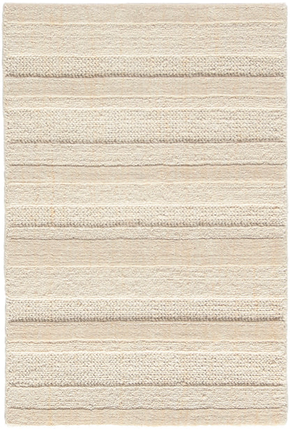 Beige rectangular rug with horizontal textured stripes in alternating weaves; soft, neutral, modern decor.