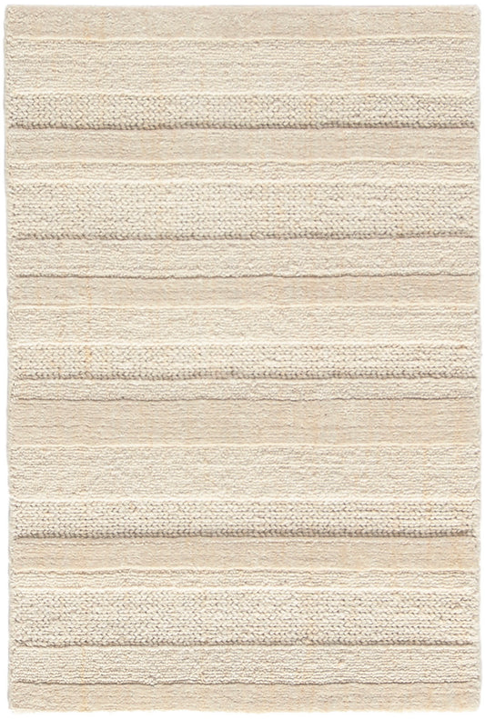 Beige rectangular rug with horizontal textured stripes in alternating weaves; soft, neutral, modern decor.