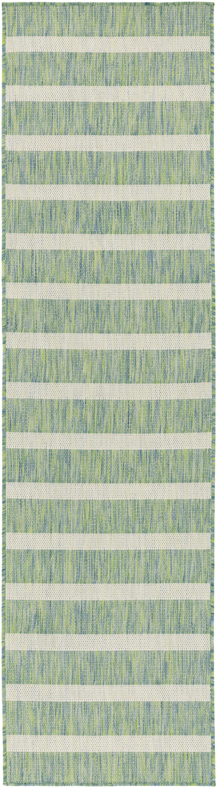 Long rectangular woven runner rug with alternating cream and green textured stripes and green border.