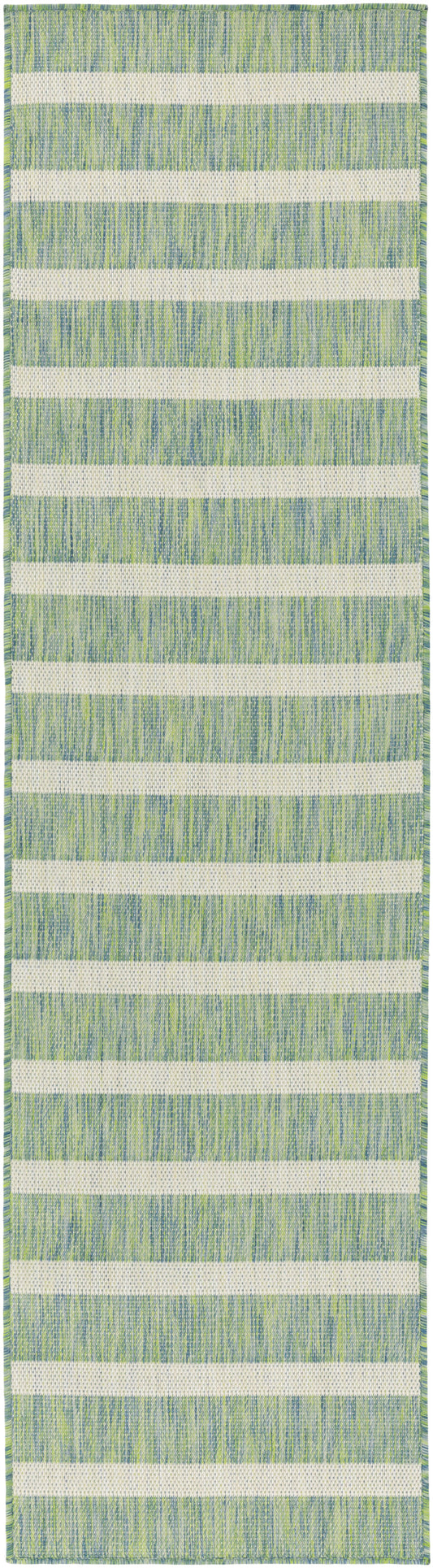 Long rectangular woven runner rug with alternating cream and green textured stripes and green border.