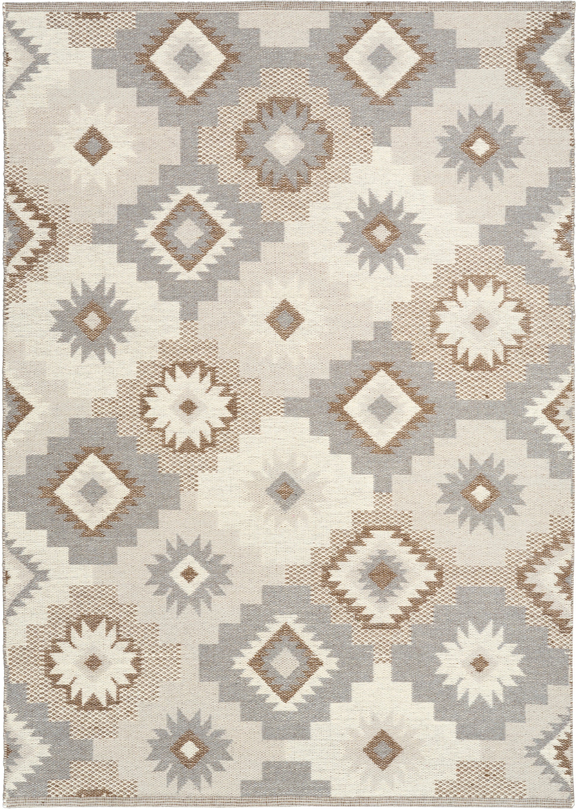 Geometric kilim-style area rug with diamond and starburst motifs in beige, taupe and gray; flat-weave for living rooms.