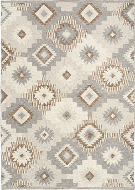 Geometric kilim-style area rug with diamond and starburst motifs in beige, taupe and gray; flat-weave for living rooms.