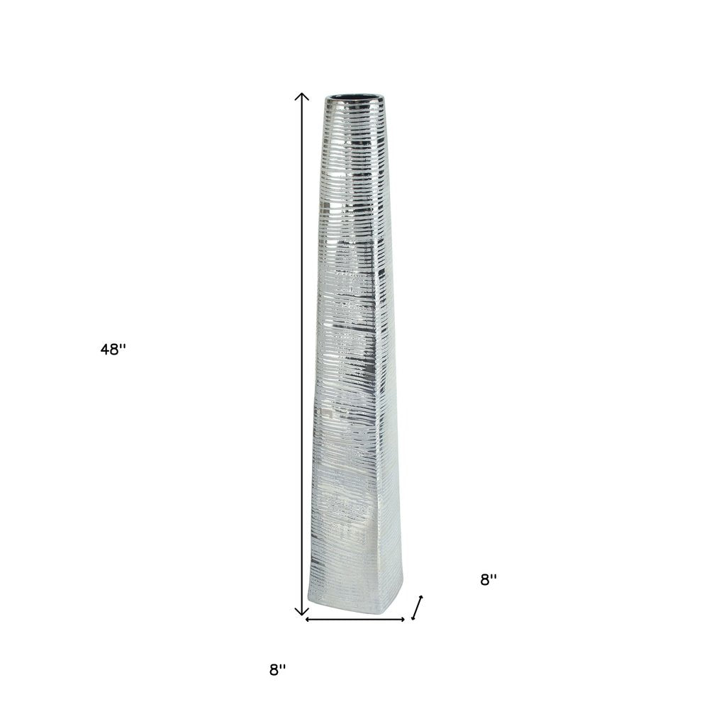 48" Silver Striped Tapered Ceramic Floor Vase